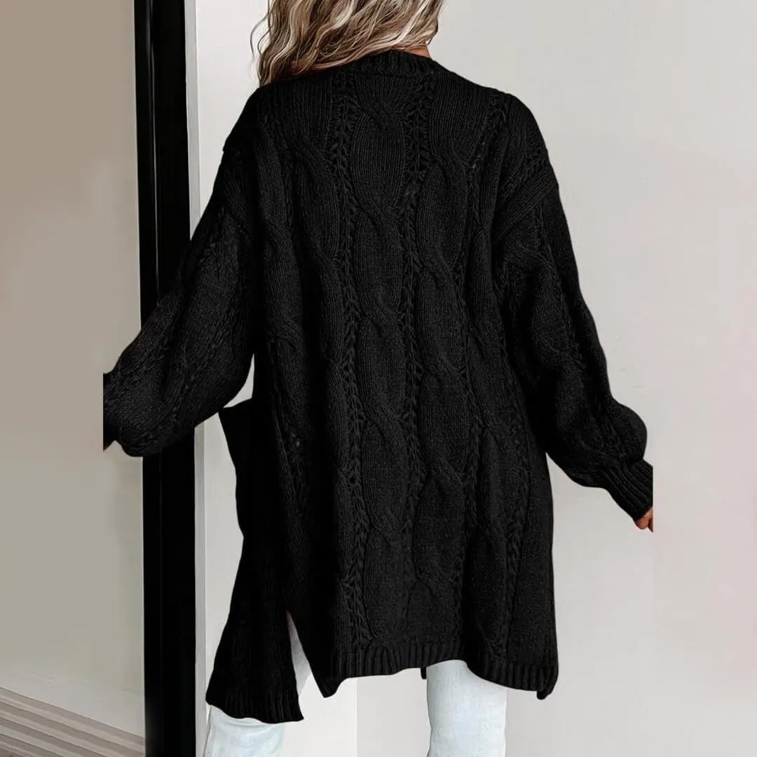 FMCHICO Long Sleeve Cable Knit Long Cardigan for Women Fall Winter Chunky Open Front Button Sweaters