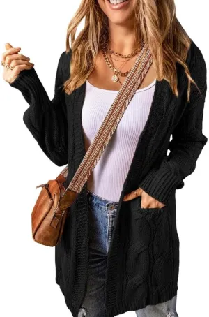 FMCHICO Long Sleeve Cable Knit Long Cardigan for Women Fall Winter Chunky Open Front Button Sweaters