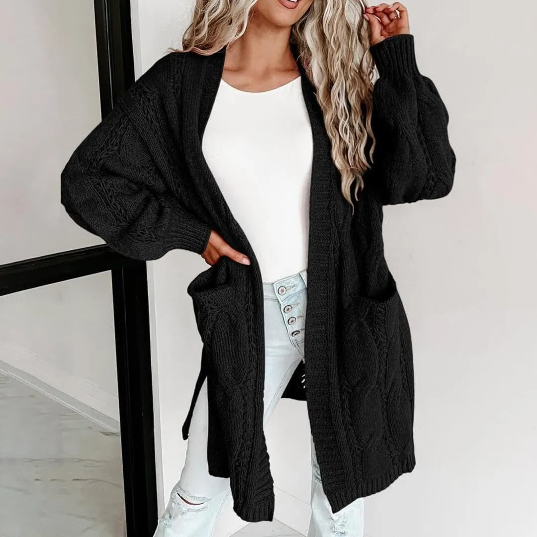 FMCHICO Long Sleeve Cable Knit Long Cardigan for Women Fall Winter Chunky Open Front Button Sweaters