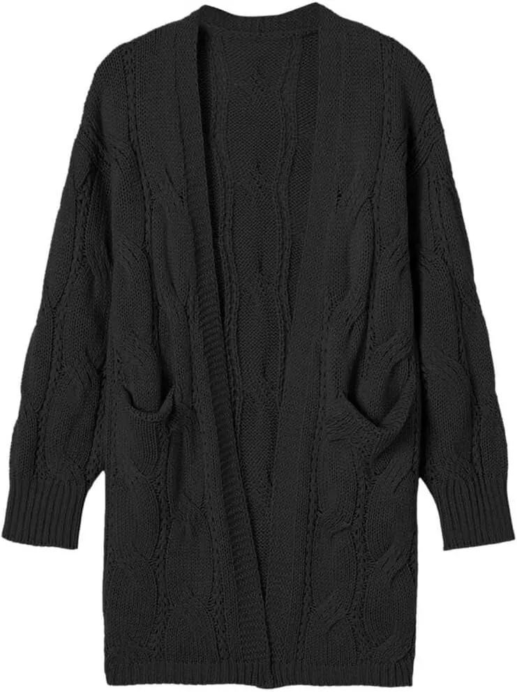 FMCHICO Long Sleeve Cable Knit Long Cardigan for Women Fall Winter Chunky Open Front Button Sweaters