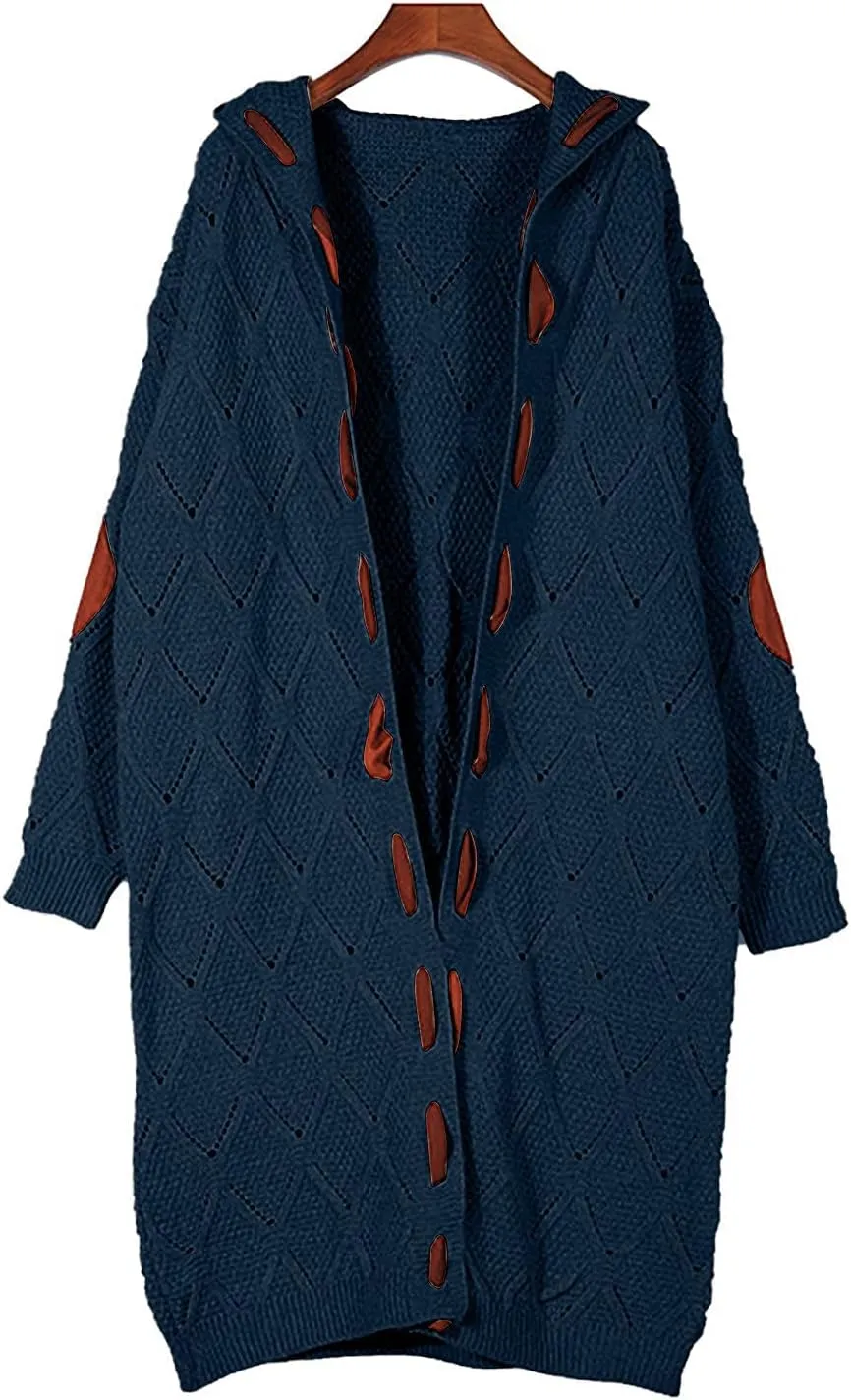 FMCHICO Long Sleeve Cable Knit Long Cardigan for Women Fall Winter Open Front Sweaters