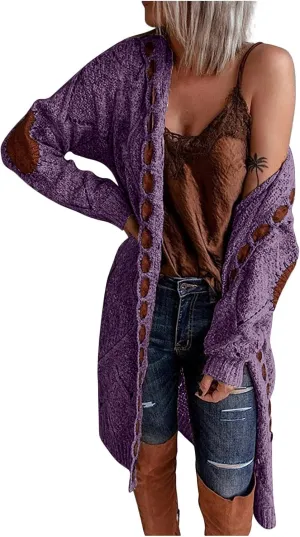 FMCHICO Long Sleeve Cable Knit Long Cardigan for Women Fall Winter Open Front Sweaters