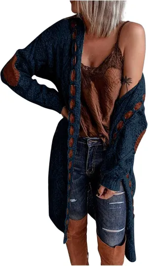 FMCHICO Long Sleeve Cable Knit Long Cardigan for Women Fall Winter Open Front Sweaters