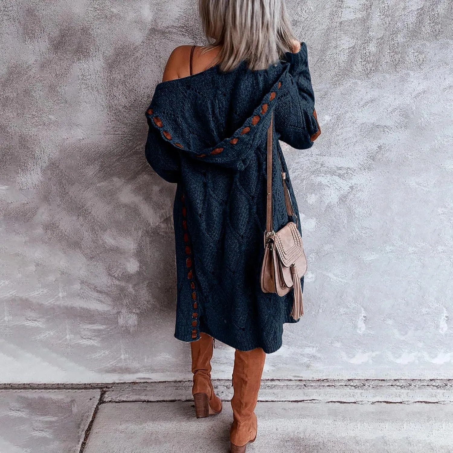 FMCHICO Long Sleeve Cable Knit Long Cardigan for Women Fall Winter Open Front Sweaters
