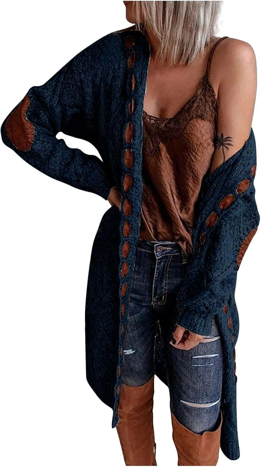FMCHICO Long Sleeve Cable Knit Long Cardigan for Women Fall Winter Open Front Sweaters