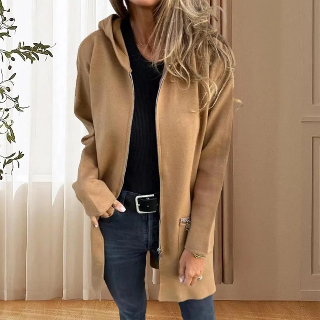 FMCHICO Women Wool Blend Full Ziper Jacket Hooded Casual Trench Coat