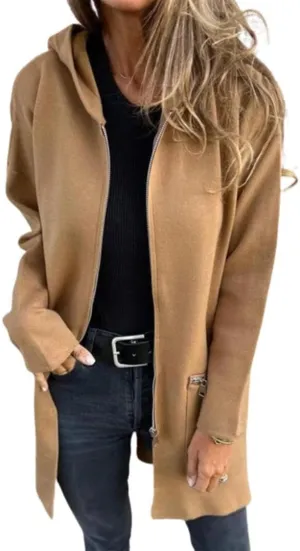 FMCHICO Women Wool Blend Full Ziper Jacket Hooded Casual Trench Coat