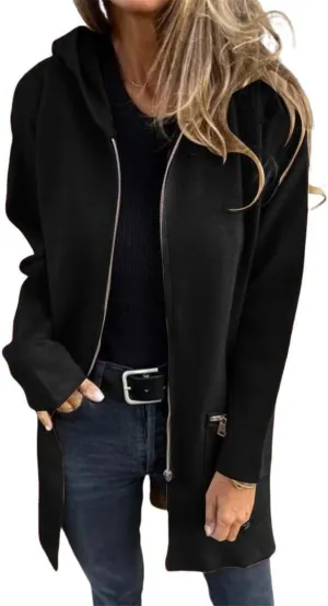 FMCHICO Women Wool Blend Full Ziper Jacket Hooded Casual Trench Coat