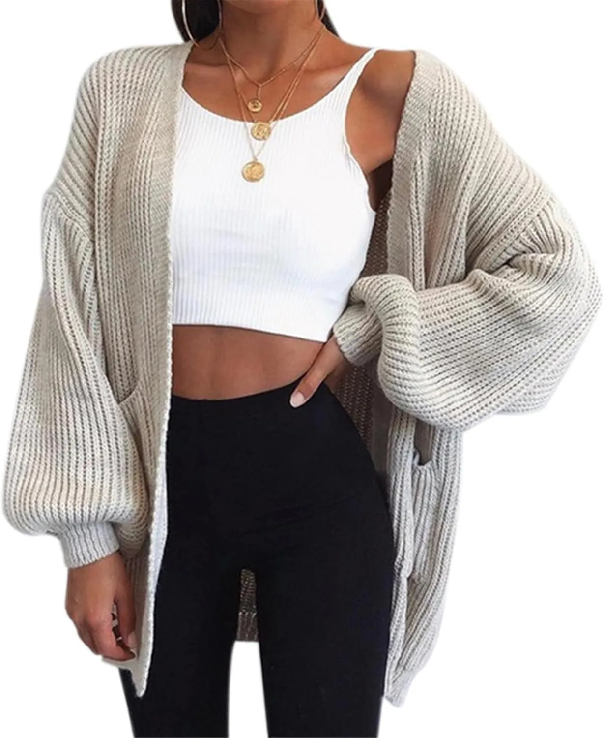 FMCHICO Womens 2023 Winter Open Front Long Sleeve Chunky Cable Knit Cardigan Sweater