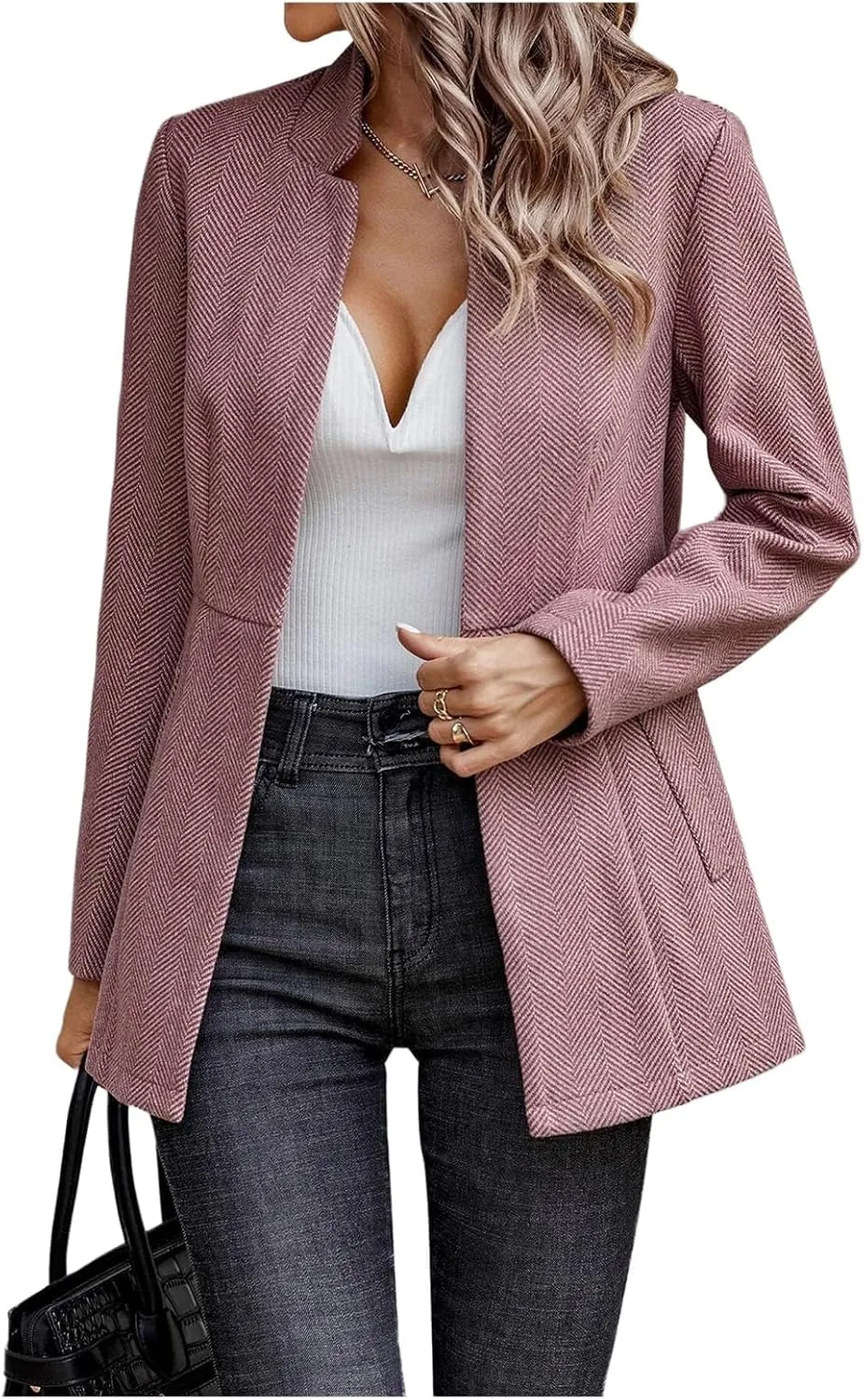 FMCHICO Women's Casual Business Open Front Long Sleeve Notch Lapel Office Blazer Jacket