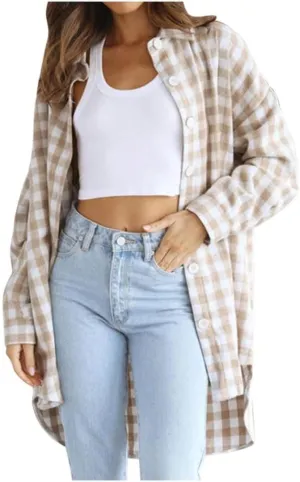 FMCHICO Womens Casual Plaid Flannel Shacket Jacket Oversized Button Down Long Sleeve Fall Shirt Jacket