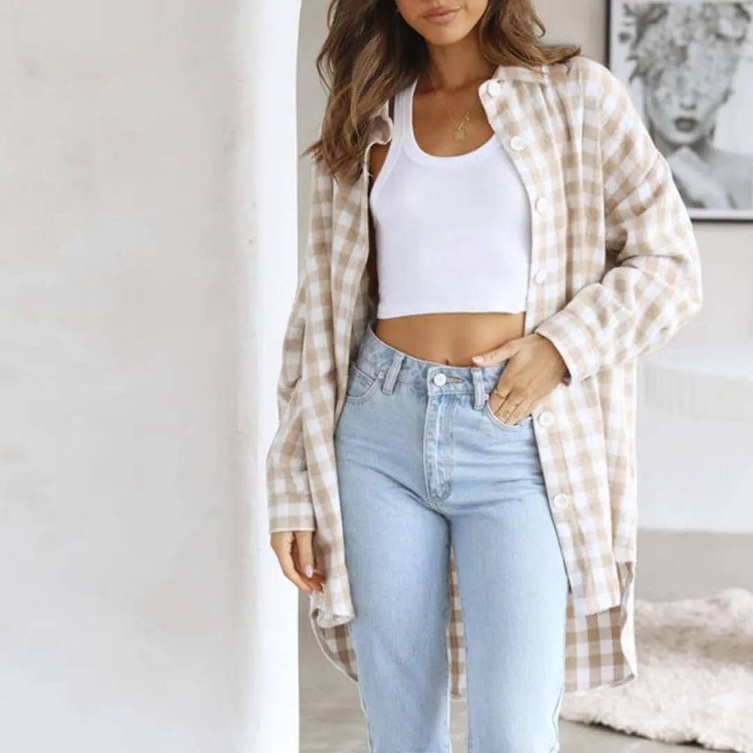 FMCHICO Womens Casual Plaid Flannel Shacket Jacket Oversized Button Down Long Sleeve Fall Shirt Jacket