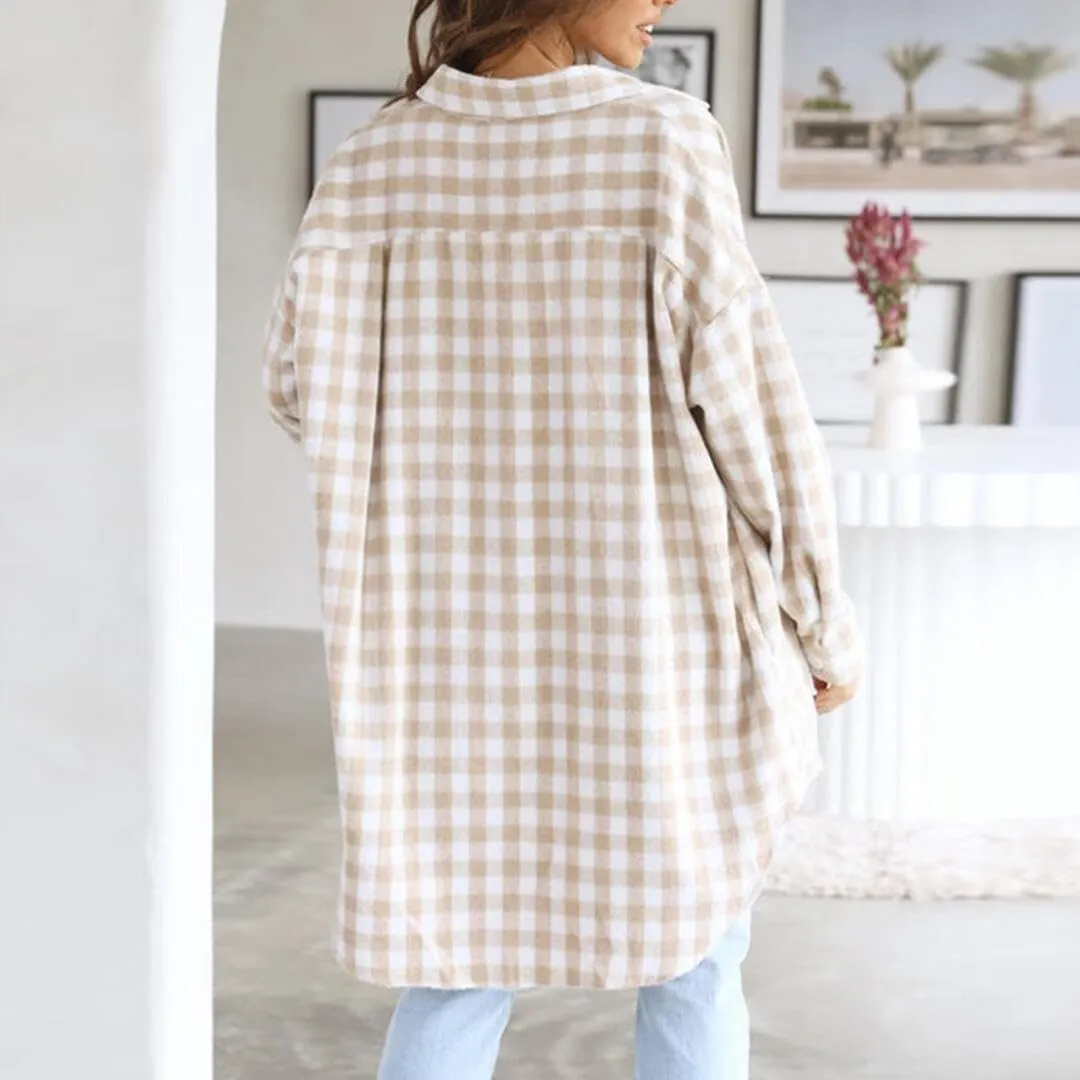 FMCHICO Womens Casual Plaid Flannel Shacket Jacket Oversized Button Down Long Sleeve Fall Shirt Jacket