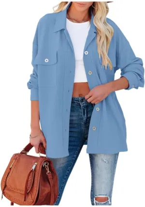 FMCHICO Womens Lapel Collar Long Shirts Casual Button Down Oversized Shacket Coat