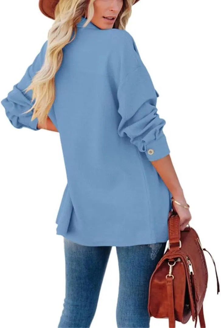FMCHICO Womens Lapel Collar Long Shirts Casual Button Down Oversized Shacket Coat