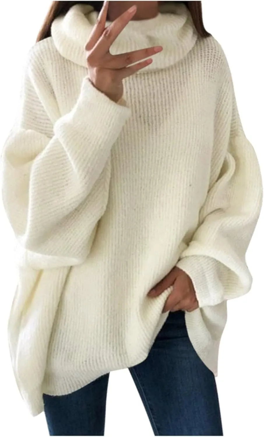 FMCHICO Women's Long Sleeve Turtleneck Loose Oversized Tunic Pullover Sweater Knit Tops