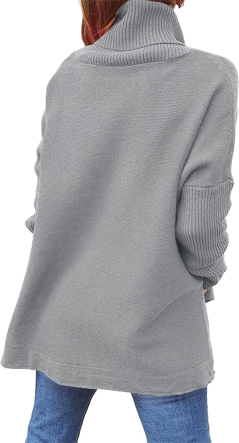 FMCHICO Women's Sweater Turtle Neck Chunky Knit Pullover Sweaters Casual Long Sleeve Tops with Side Slit