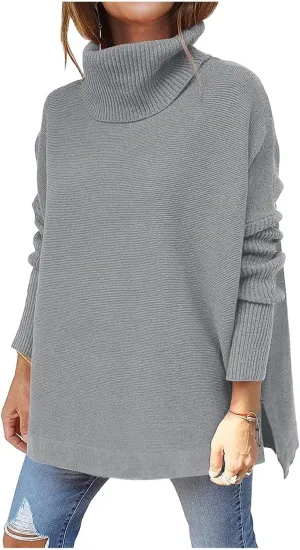 FMCHICO Women's Sweater Turtle Neck Chunky Knit Pullover Sweaters Casual Long Sleeve Tops with Side Slit