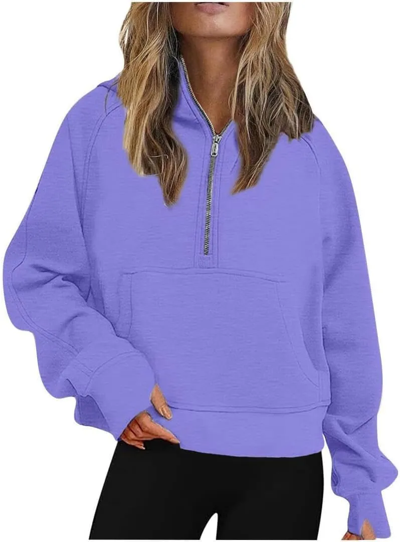 FMCHICO Womens Sweatshirts Half Zip Cropped Pullover Fleece Quarter Zipper Hoodies Fall outfits Clothes Thumb Hole