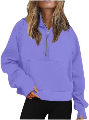 FMCHICO Womens Sweatshirts Half Zip Cropped Pullover Fleece Quarter Zipper Hoodies Fall outfits Clothes Thumb Hole