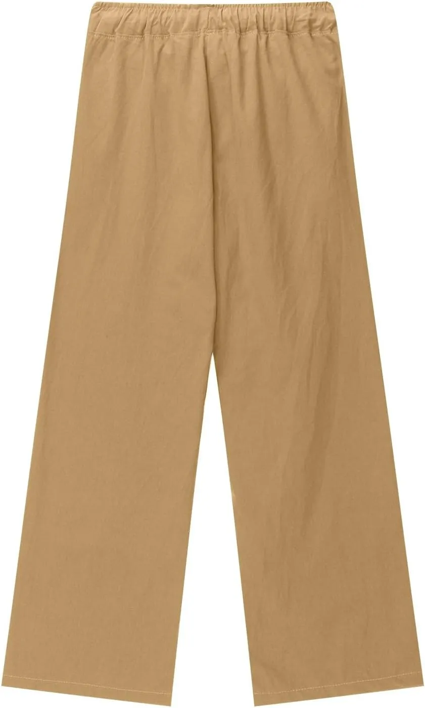 Girls Linen Pants High Waisted Loose Fit Girls Pants Size 10-12 Casual Summer Wide Leg Drawstring Trousers with Pockets