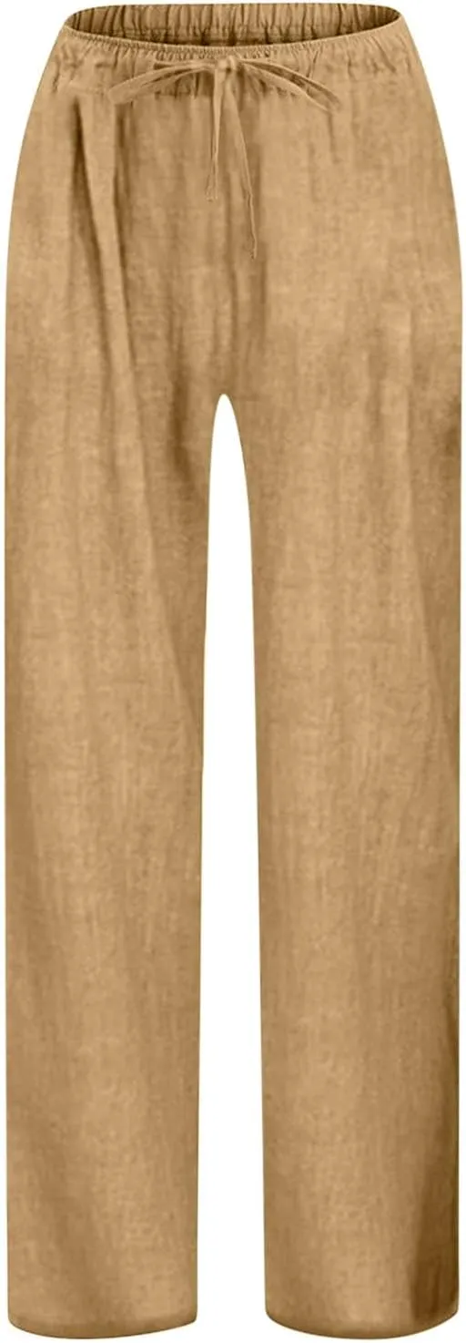 Girls Linen Pants High Waisted Loose Fit Girls Pants Size 10-12 Casual Summer Wide Leg Drawstring Trousers with Pockets