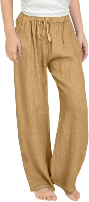 Girls Linen Pants High Waisted Loose Fit Girls Pants Size 10-12 Casual Summer Wide Leg Drawstring Trousers with Pockets