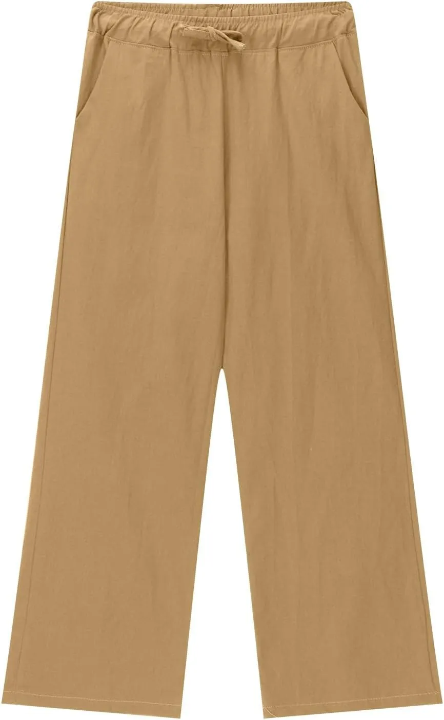 Girls Linen Pants High Waisted Loose Fit Girls Pants Size 10-12 Casual Summer Wide Leg Drawstring Trousers with Pockets
