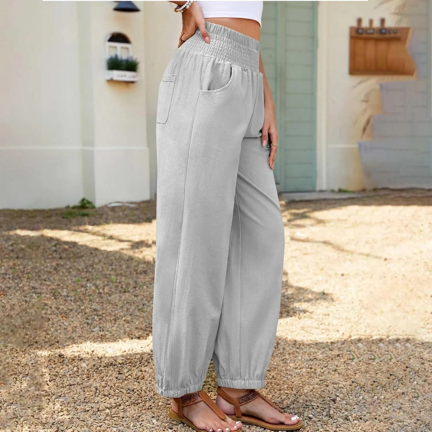 Harem Pants for Women High Waisted Wide Leg Linen Pant Elastic Smock Waist Flowy Palazzo Capris Bohemian Beach Pants