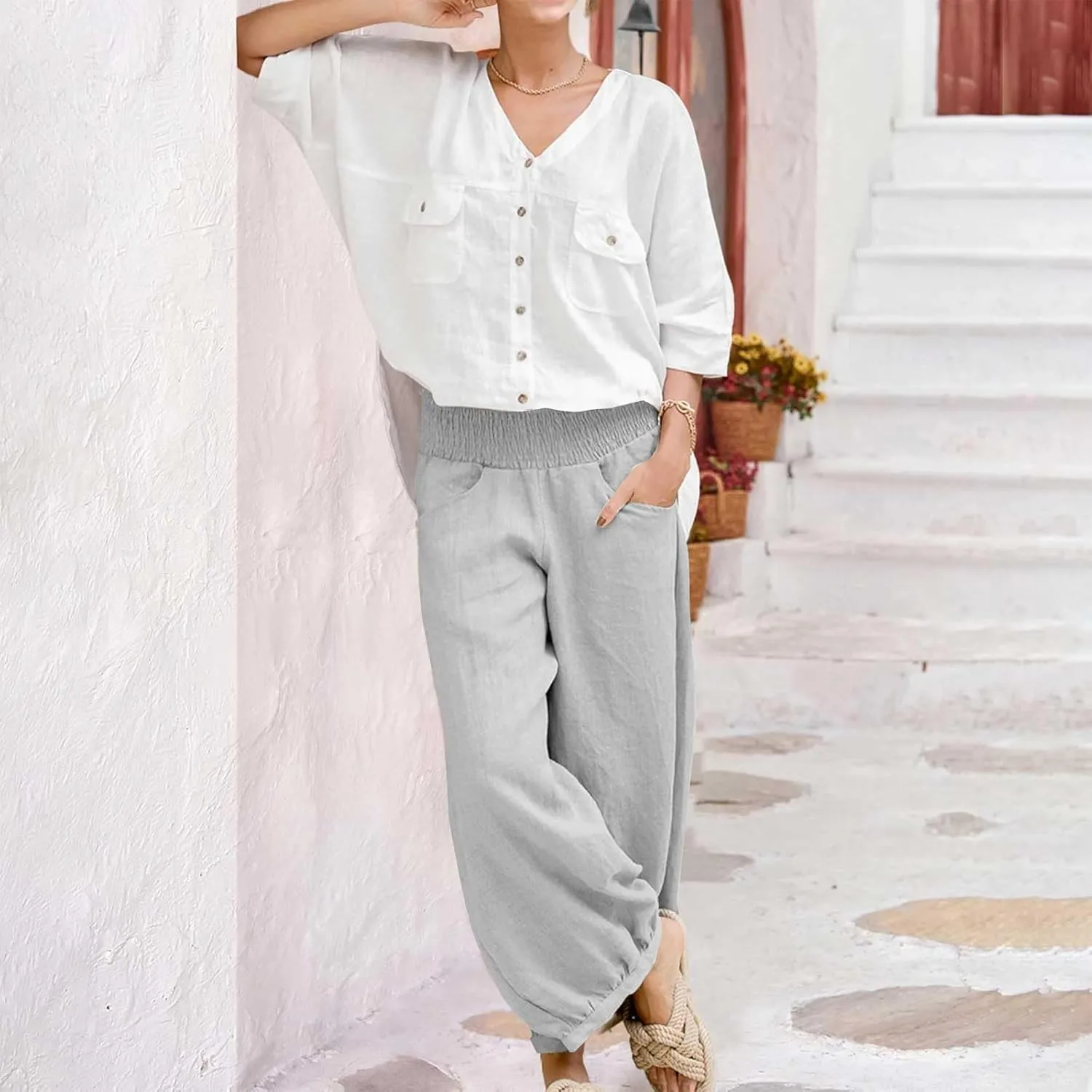 Harem Pants for Women High Waisted Wide Leg Linen Pant Elastic Smock Waist Flowy Palazzo Capris Bohemian Beach Pants