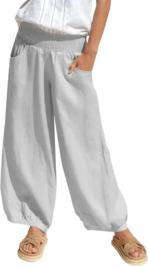 Harem Pants for Women High Waisted Wide Leg Linen Pant Elastic Smock Waist Flowy Palazzo Capris Bohemian Beach Pants