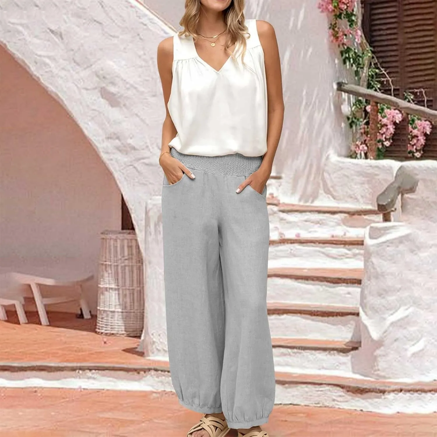 Harem Pants for Women High Waisted Wide Leg Linen Pant Elastic Smock Waist Flowy Palazzo Capris Bohemian Beach Pants
