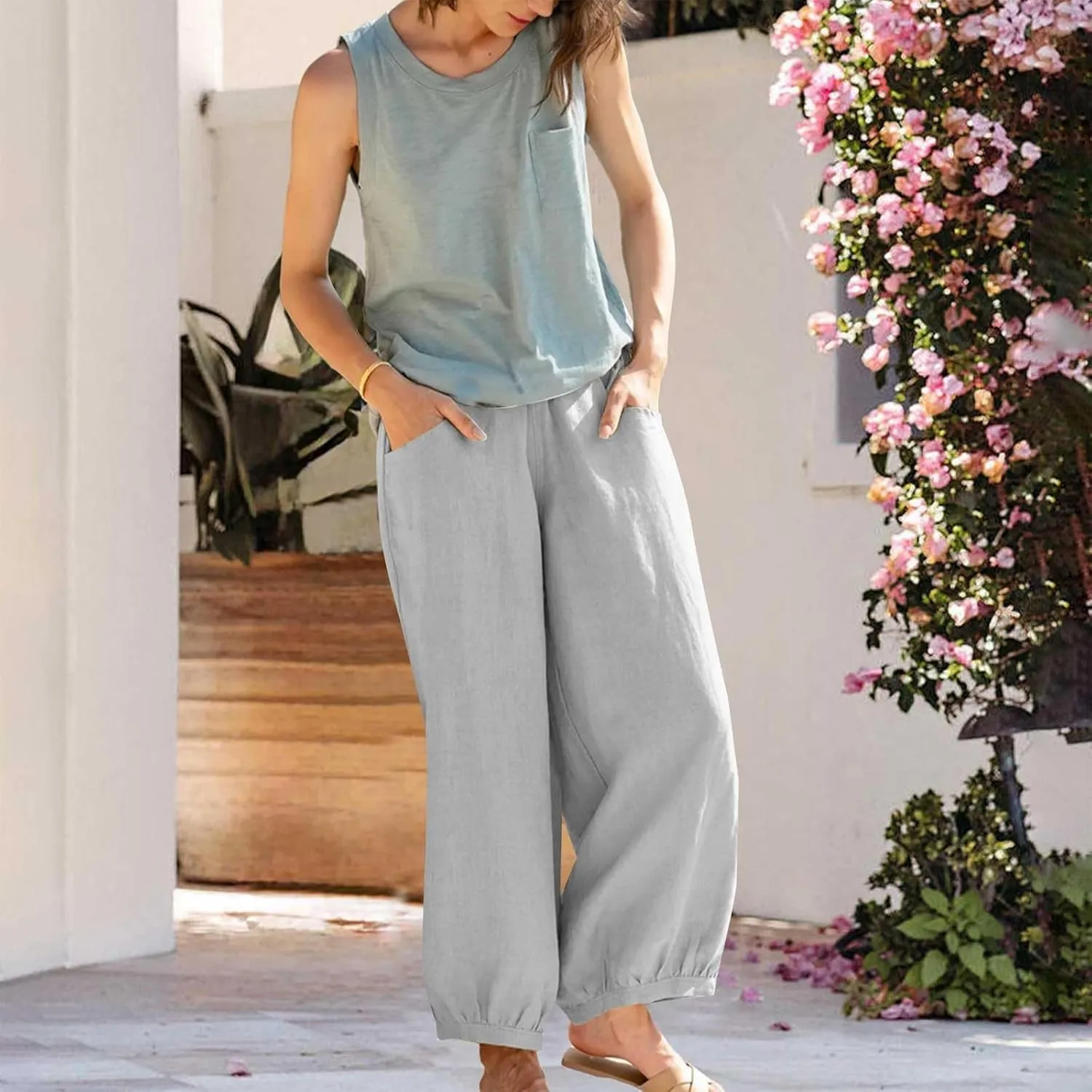 Harem Pants for Women High Waisted Wide Leg Linen Pant Elastic Smock Waist Flowy Palazzo Capris Bohemian Beach Pants