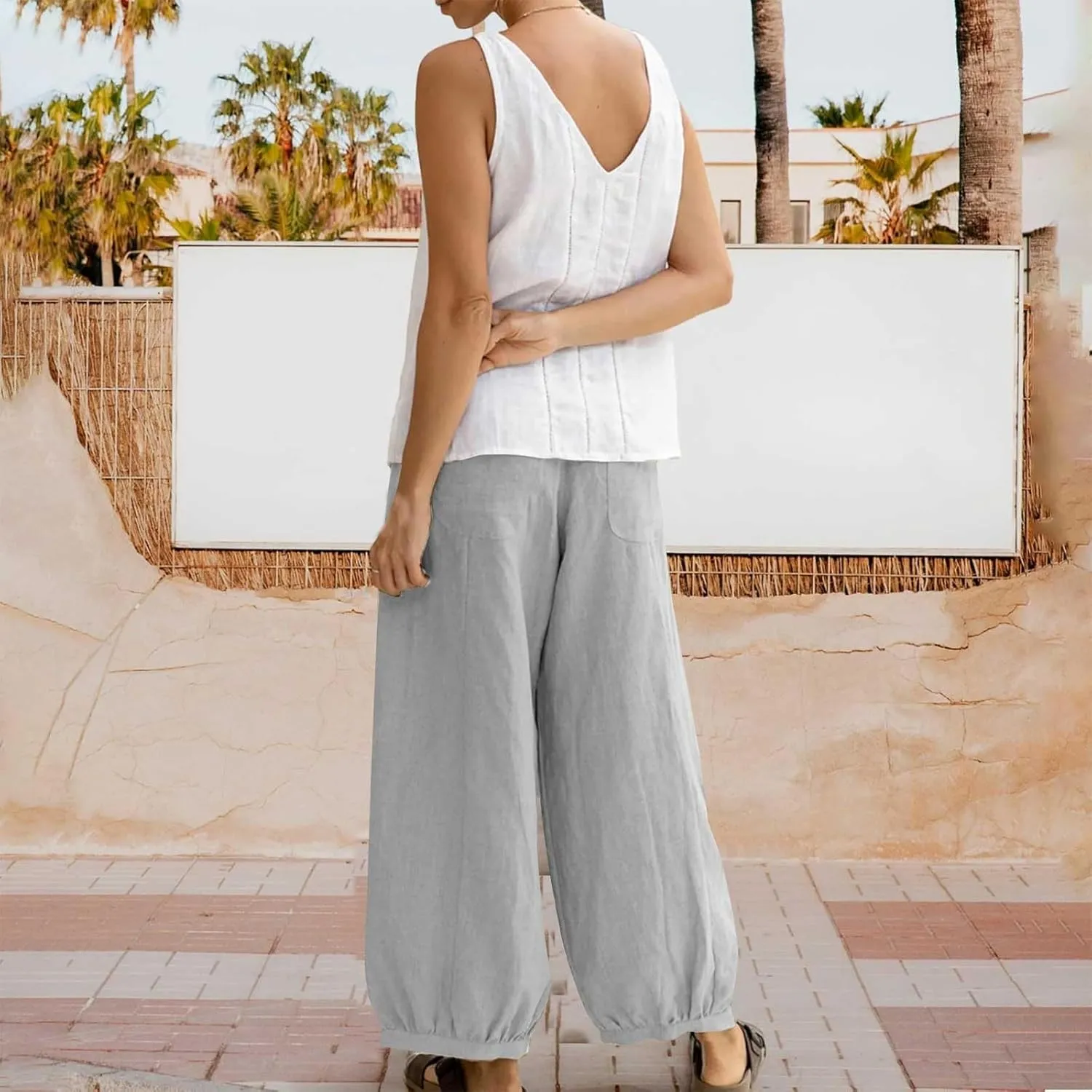 Harem Pants for Women High Waisted Wide Leg Linen Pant Elastic Smock Waist Flowy Palazzo Capris Bohemian Beach Pants