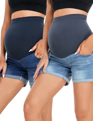 HOFISH Women's Over The Belly Maternity Shorts Support Pregnancy Shorts Breathable Jeans Shorts Navy LightBlue XS