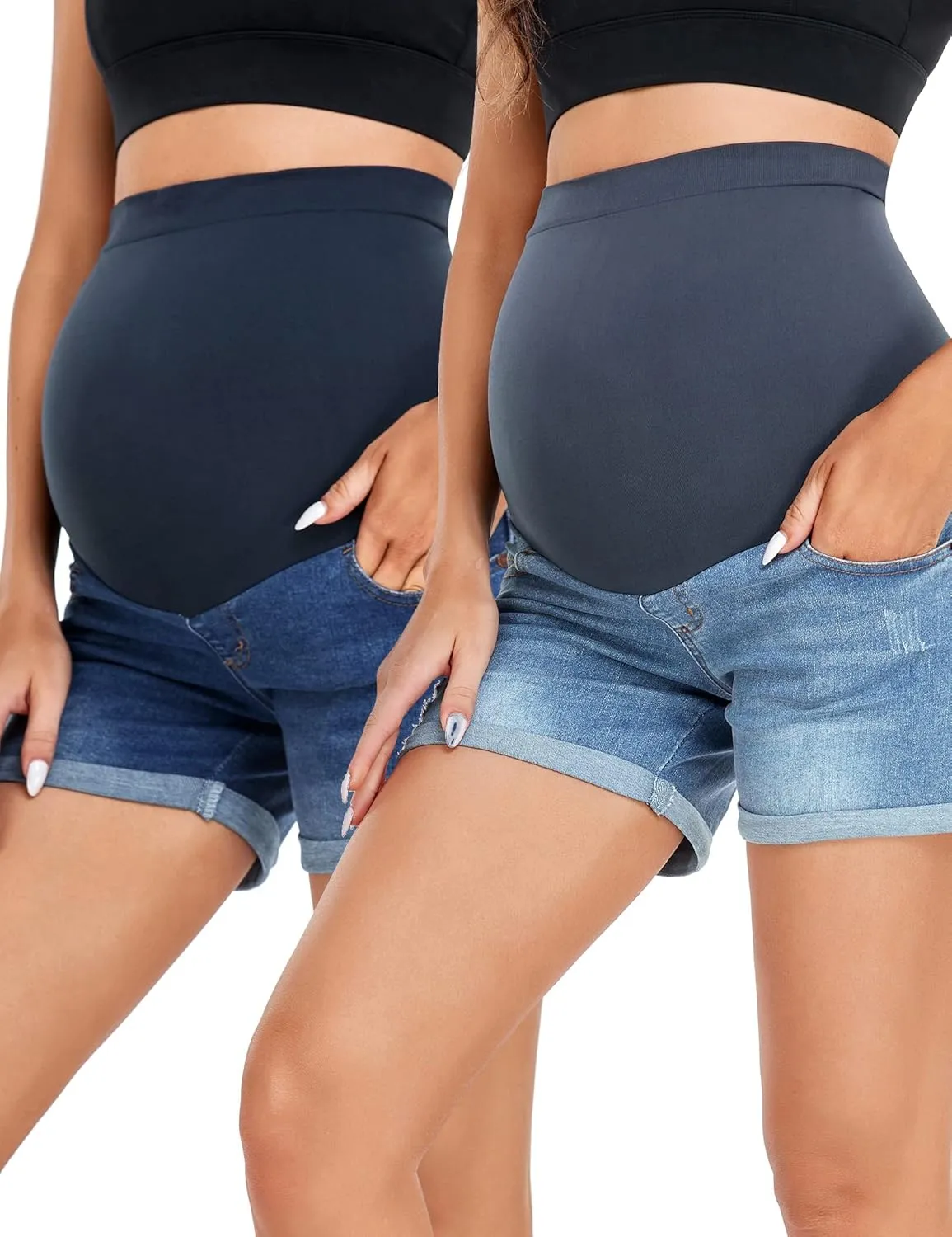 HOFISH Women's Over The Belly Maternity Shorts Support Pregnancy Shorts Breathable Jeans Shorts Navy LightBlue XS