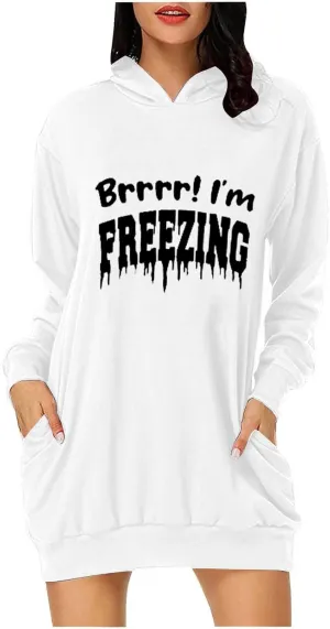 Hoodies Dress for Women Oversized Long Sleeve Dress Fashion Leisure Printing Sweatshirt Dress with Kangaroo Pocket