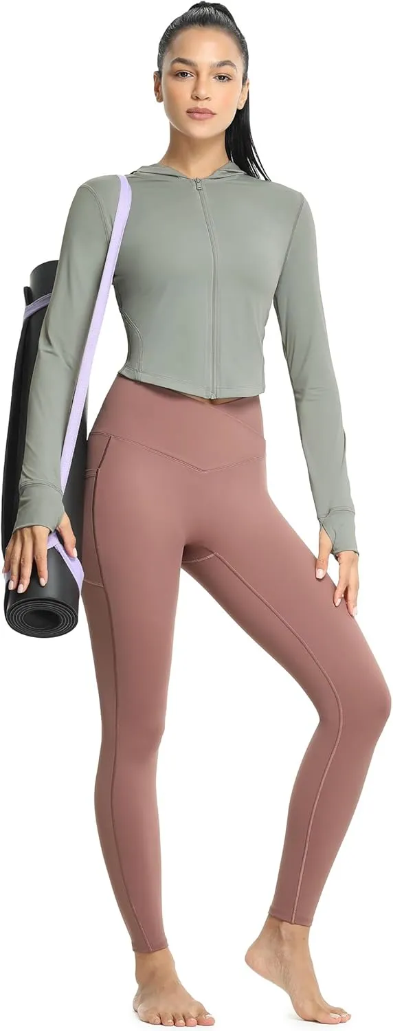 icyzone Women's UPF 50  Athletic Jackets, Lightweight Zip Up Cropped Long Sleeve Shirts with Thumb Holes