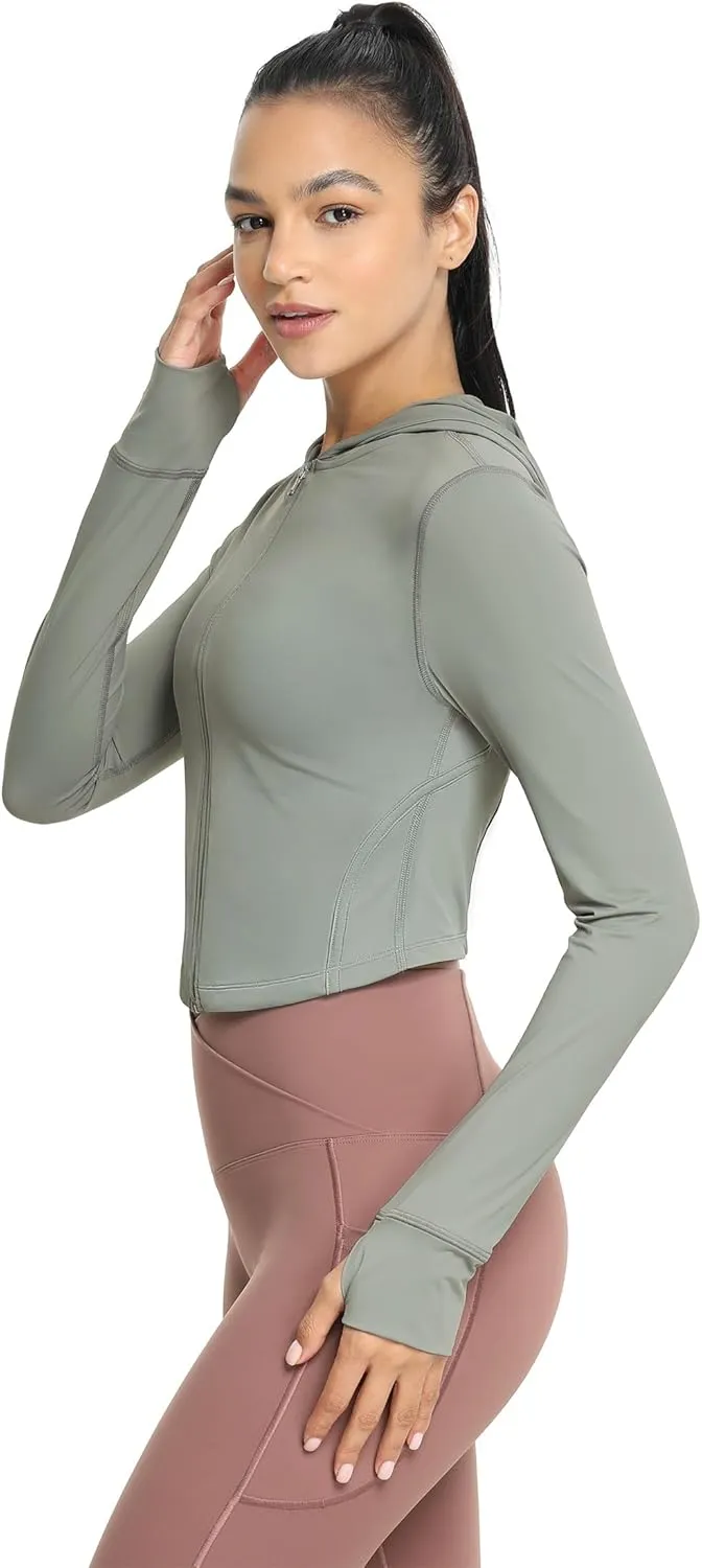 icyzone Women's UPF 50  Athletic Jackets, Lightweight Zip Up Cropped Long Sleeve Shirts with Thumb Holes