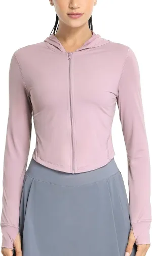 icyzone Women's UPF 50  Athletic Jackets, Lightweight Zip Up Cropped Long Sleeve Shirts with Thumb Holes