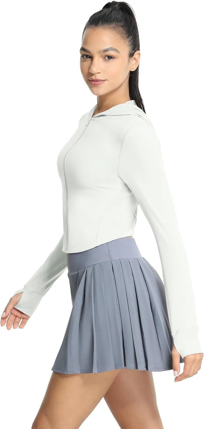 icyzone Women's UPF 50  Athletic Jackets, Lightweight Zip Up Cropped Long Sleeve Shirts with Thumb Holes