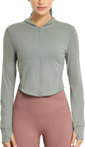 icyzone Women's UPF 50  Athletic Jackets, Lightweight Zip Up Cropped Long Sleeve Shirts with Thumb Holes