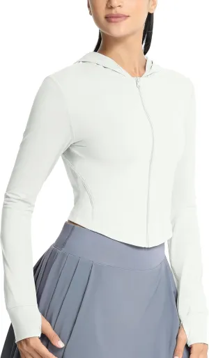 icyzone Women's UPF 50  Athletic Jackets, Lightweight Zip Up Cropped Long Sleeve Shirts with Thumb Holes