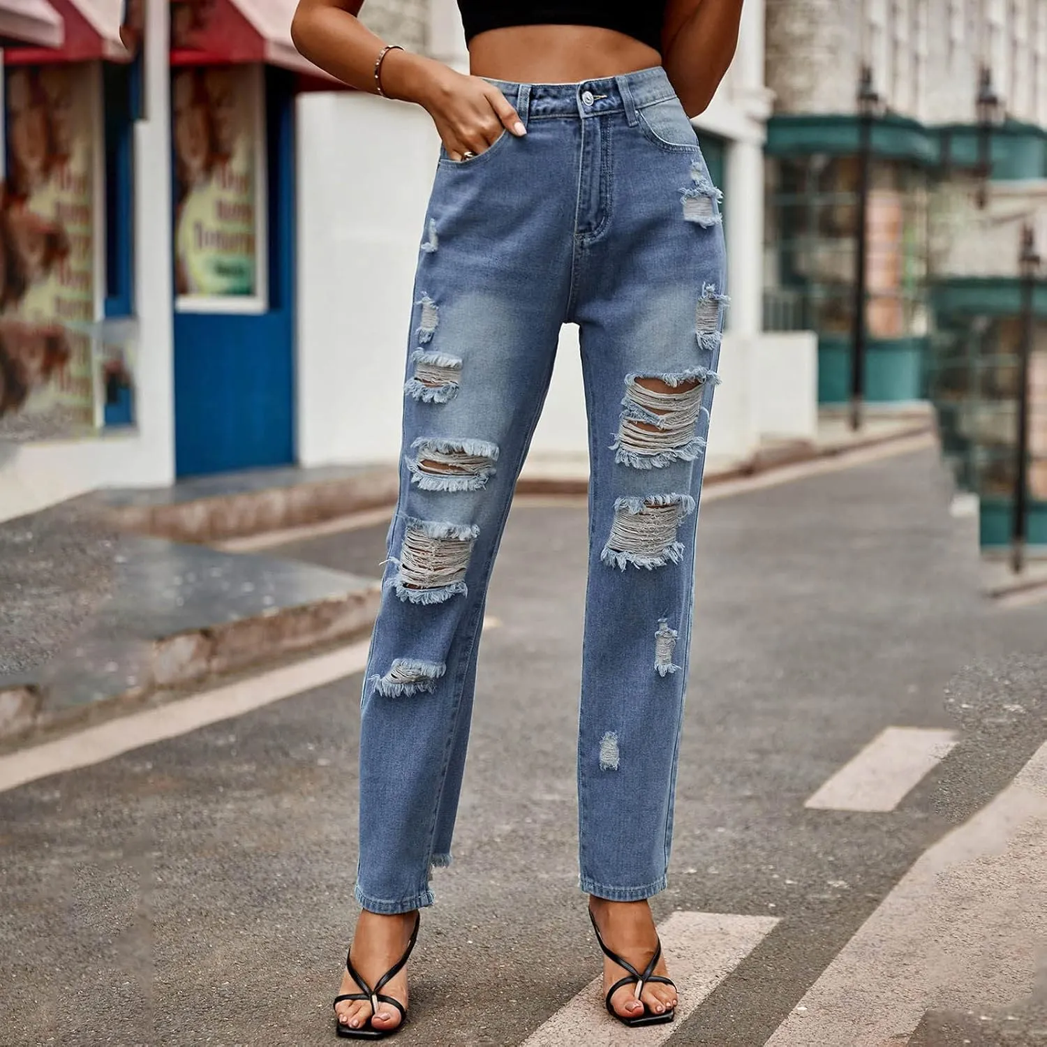 Jeans for Women Trendy Bell Bottom Slit Hem Ankle Denim Pants Casual High Waisted Skinny Stretch Jeans
