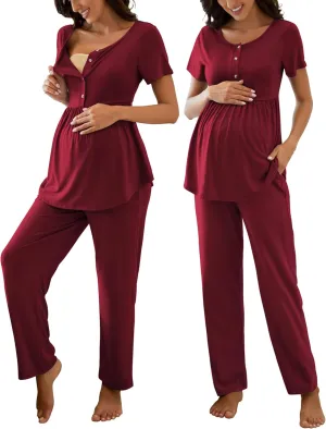 JiniGolla Women's Maternity Nursing Pajama Set Breastfeeding Loungewear Mama Clothes Short Sleeve Top & Pants Pregnancy PJS