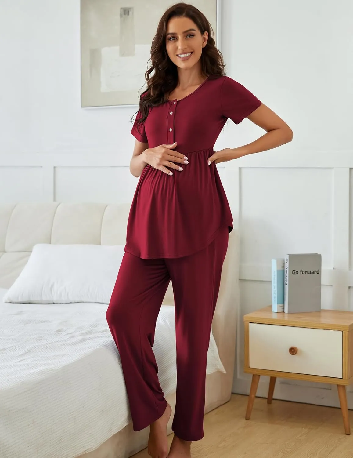 JiniGolla Women's Maternity Nursing Pajama Set Breastfeeding Loungewear Mama Clothes Short Sleeve Top & Pants Pregnancy PJS