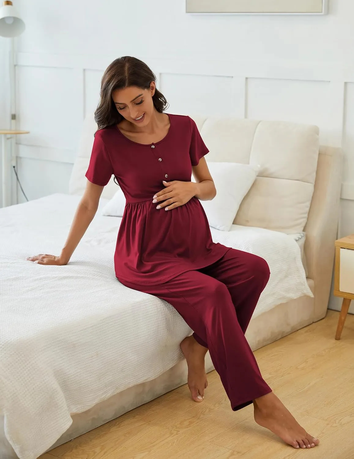 JiniGolla Women's Maternity Nursing Pajama Set Breastfeeding Loungewear Mama Clothes Short Sleeve Top & Pants Pregnancy PJS