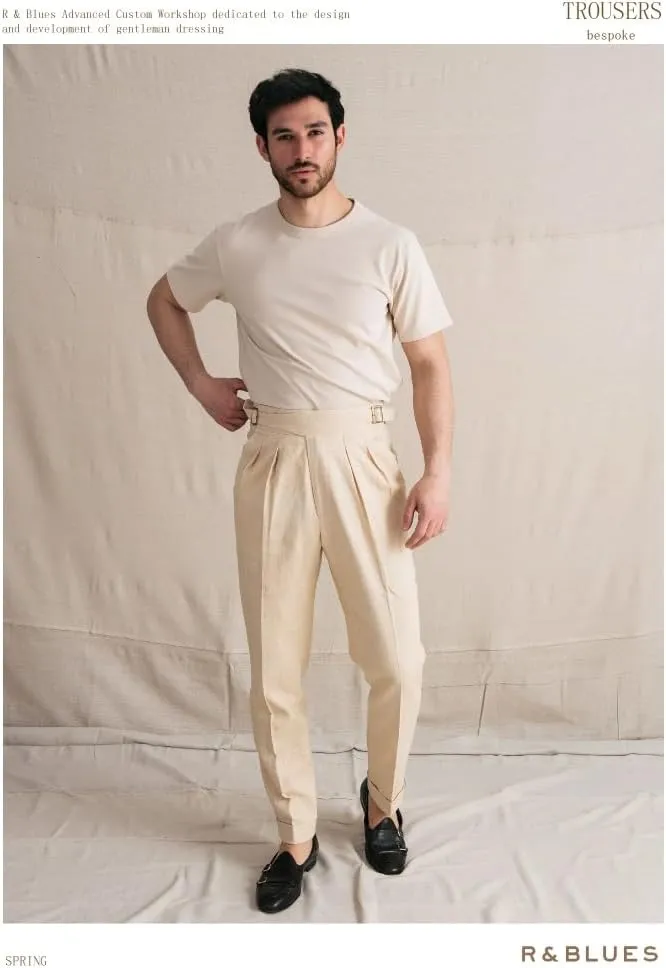 JinXuanYa Men's Linen High-Waisted Pleated Trousers - Double Pleat Design with Adjustable Belt, Business Casual Summer Pants