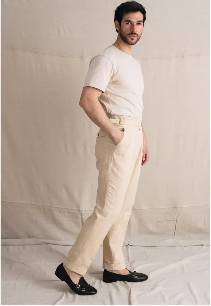 JinXuanYa Men's Linen High-Waisted Pleated Trousers - Double Pleat Design with Adjustable Belt, Business Casual Summer Pants