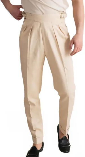 JinXuanYa Men's Linen High-Waisted Pleated Trousers - Double Pleat Design with Adjustable Belt, Business Casual Summer Pants
